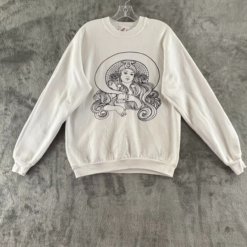 Vintage Jerzees Medusa Sweatshirt Adult XL Woman Trippy Smoking Mug White Black